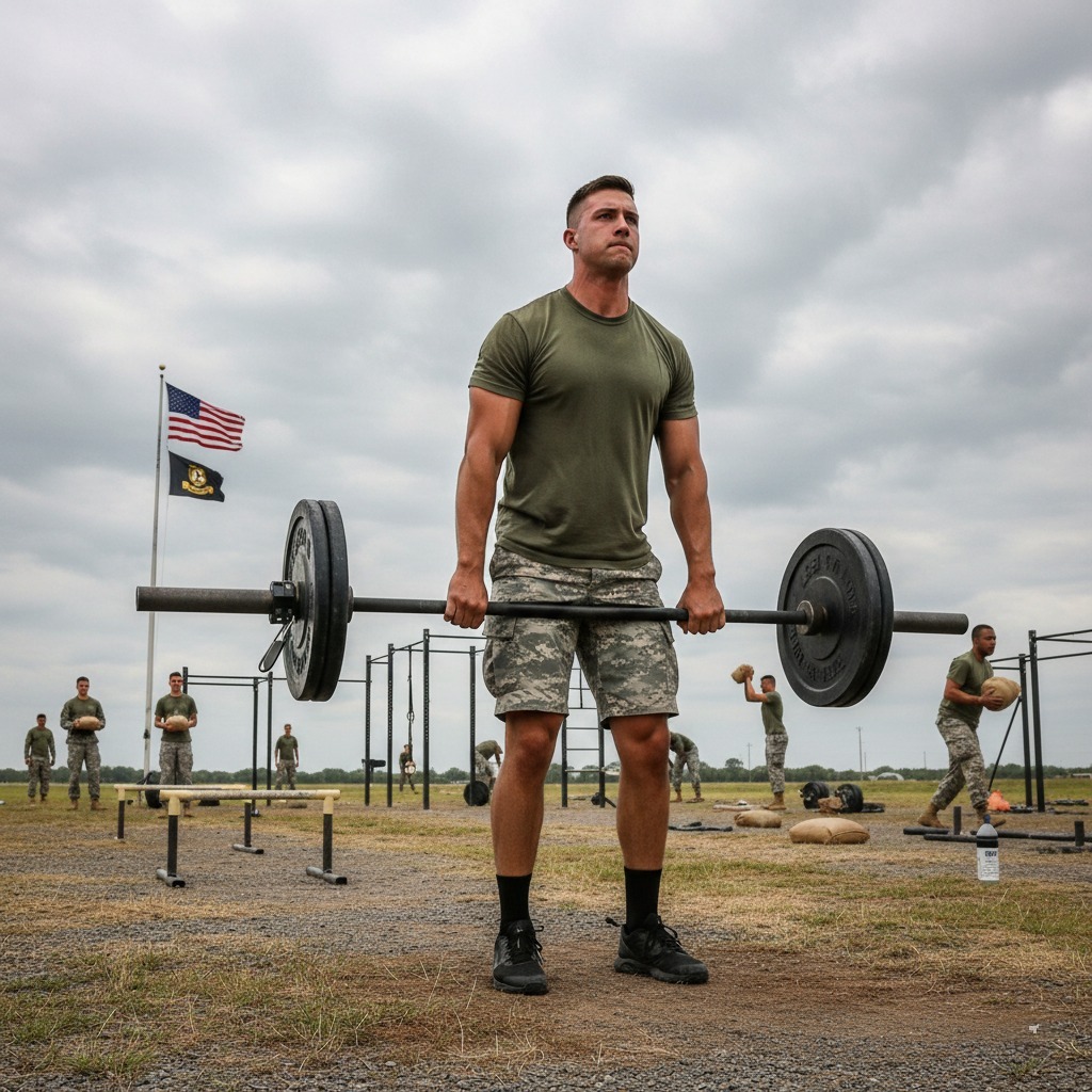 U.S. Army soldier performing ACFT deadlift with hex bar during fitness test outdoors.