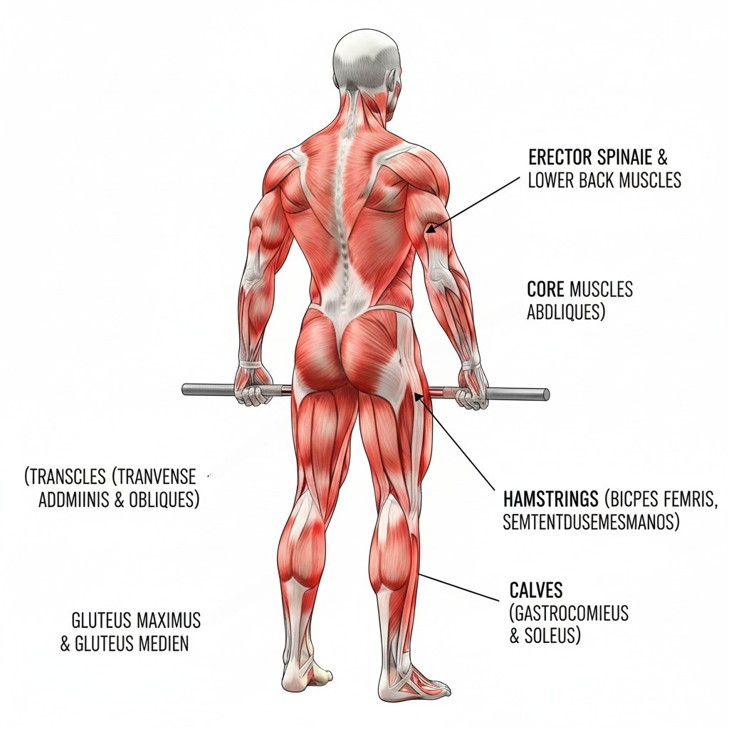 Posterior chain muscle diagram showing glutes, hamstrings, and lower back used in deadlifts