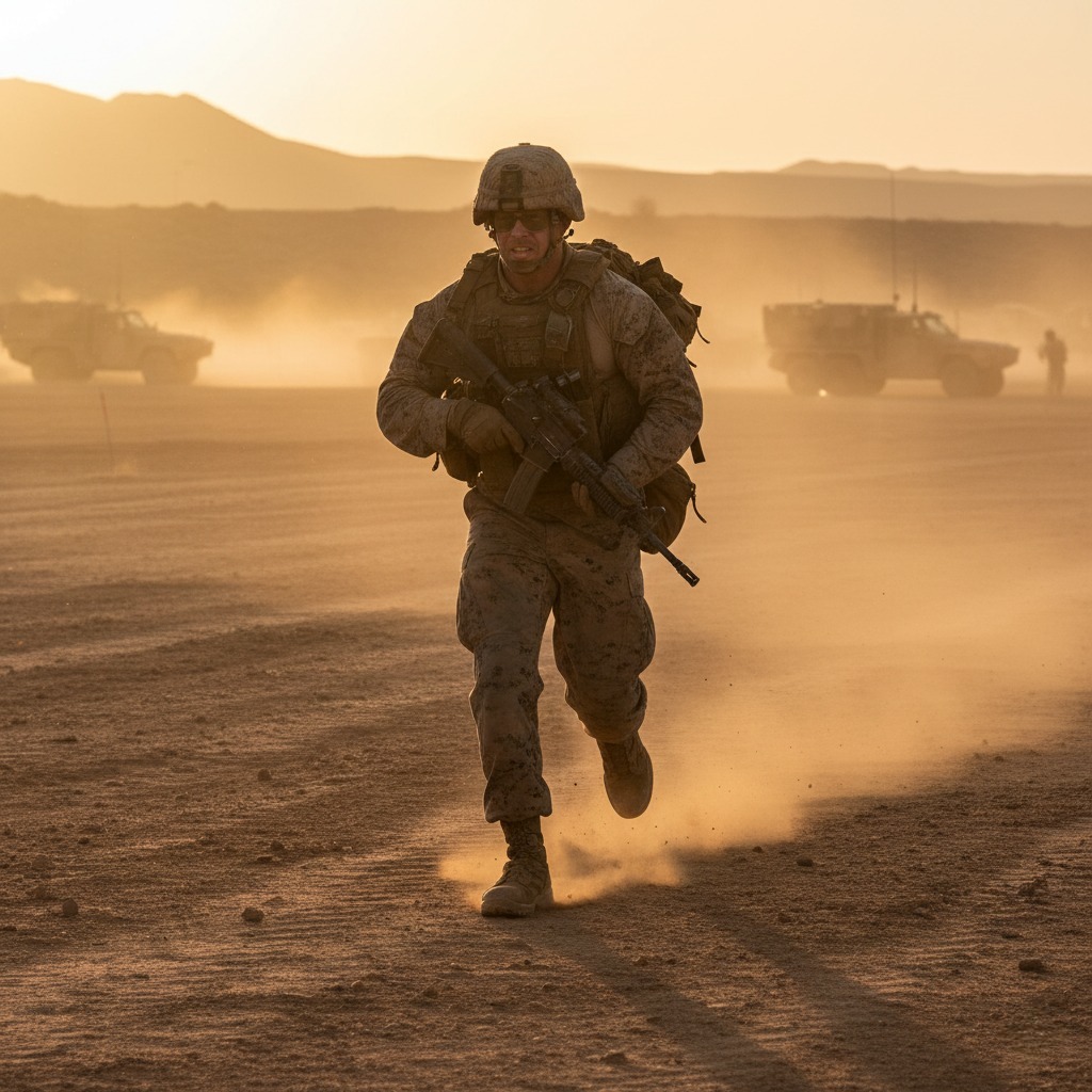 Combat fitness test U.S. Marine sprinting on a dusty training field in full combat gear