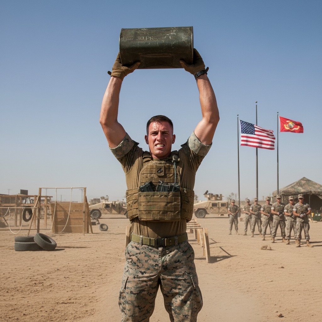 Marine lifting a 30-pound ammunition can overhead during training