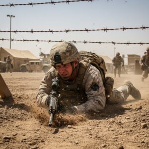 Marine crawling under barbed wire during a combat fitness course