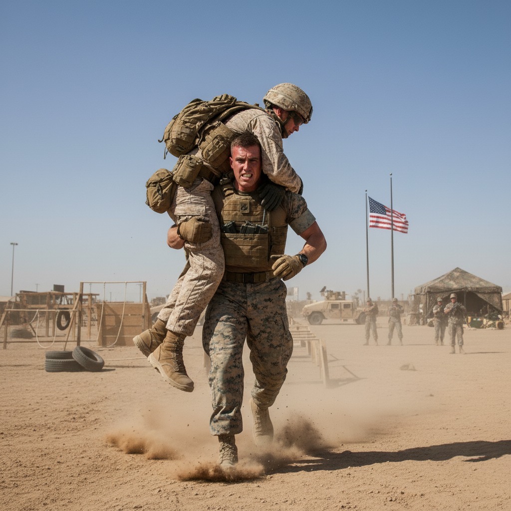 Marine carrying another Marine on his shoulders across the field