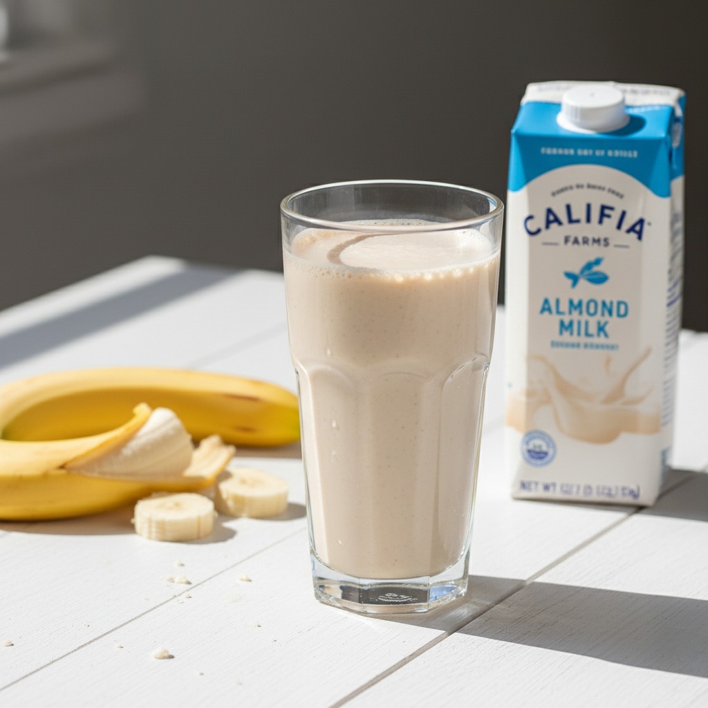 A creamy, pale-colored Clean Simple Eats protein powder shake in a clear glass on a white table.