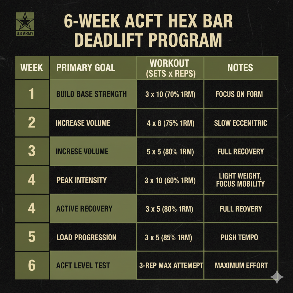 Infographic of a 6-week ACFT deadlift training plan to improve strength and performance