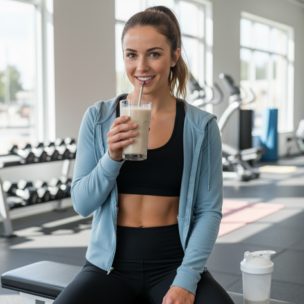 A fit, smiling woman in athletic wear taking a sip of a Clean Simple Eats protein shake from a shaker bottle