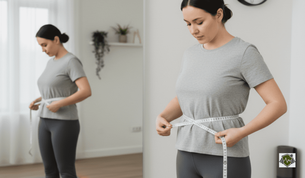 A person in casual workout clothes using a white measuring tape to check their waist in a home mirror, demonstrating how to calculate body fat at home.