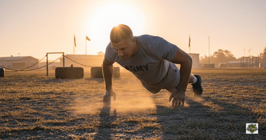 A U.S. Army soldier performing push-ups at sunrise on a training field, representing a key event of the Army Fitness Test