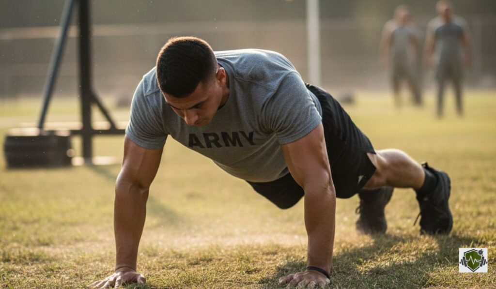 A fit soldier in a grey Army PT shirt performing a perfect ACFT Plank on a grass training field with high core engagement.