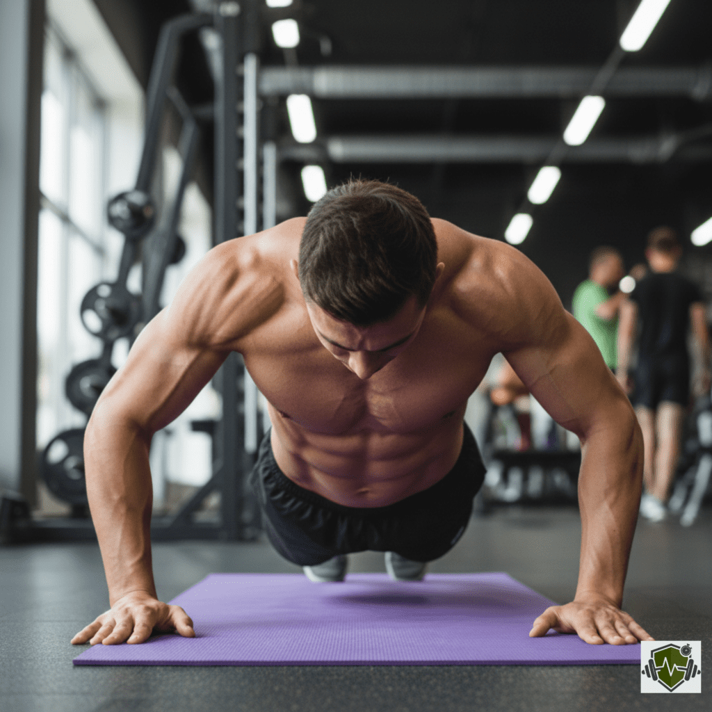 A fit person performing a perfect push-up on a yoga mat in a gym, demonstrating the benefits of push-ups for full-body alignment and core strength.