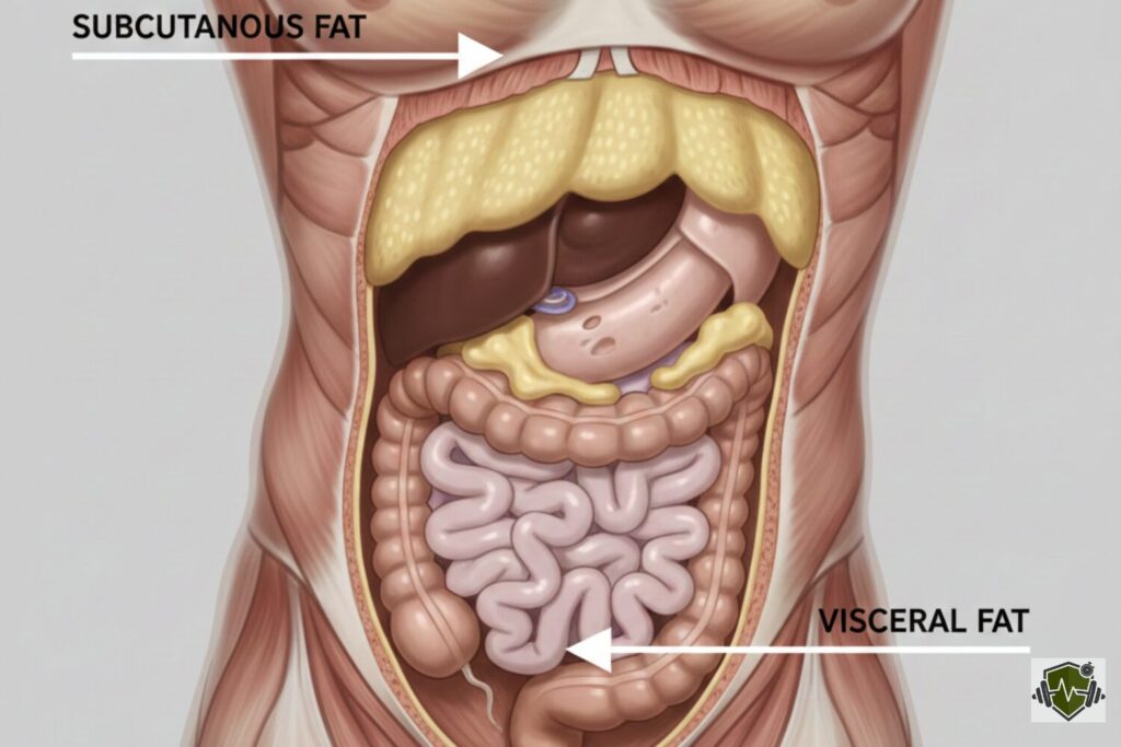 A professional medical illustration of a human torso highlighting lower belly fat, with clear labels distinguishing