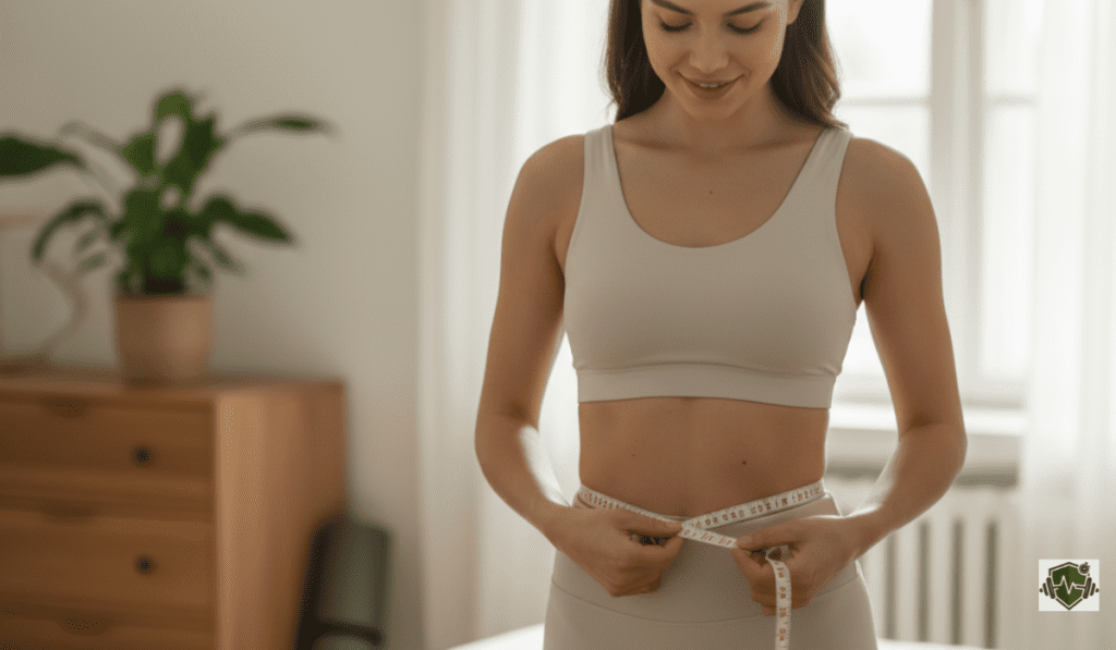 A lifestyle photo of a woman calmly using a measuring tape at home, focusing on the consistency required for how to calculate body fat at home.