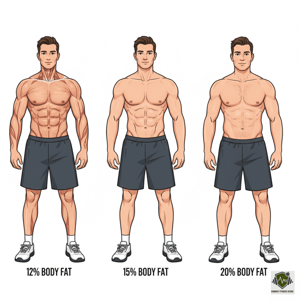 Male body fat comparison showing differences between 12%, 15 body fat, and 20% body fat with changes in muscle definition and waist size