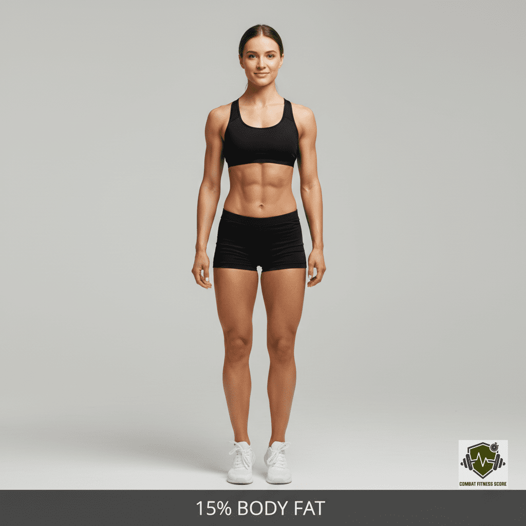 Woman with a fit and athletic appearance at 15 body fat, showing balanced muscle tone and a healthy body composition
