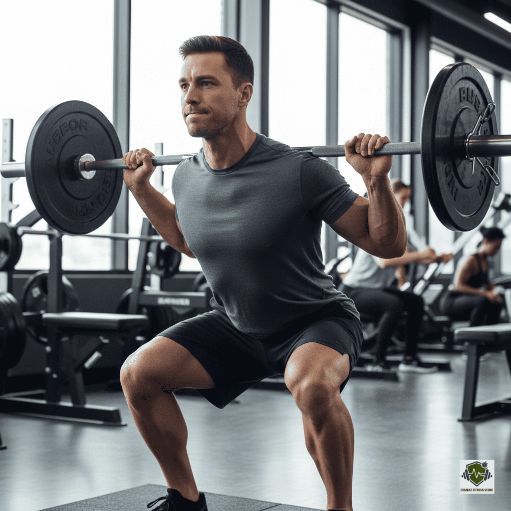 Man strength training in a gym while working toward 15 body fat using resistance exercises to preserve muscle