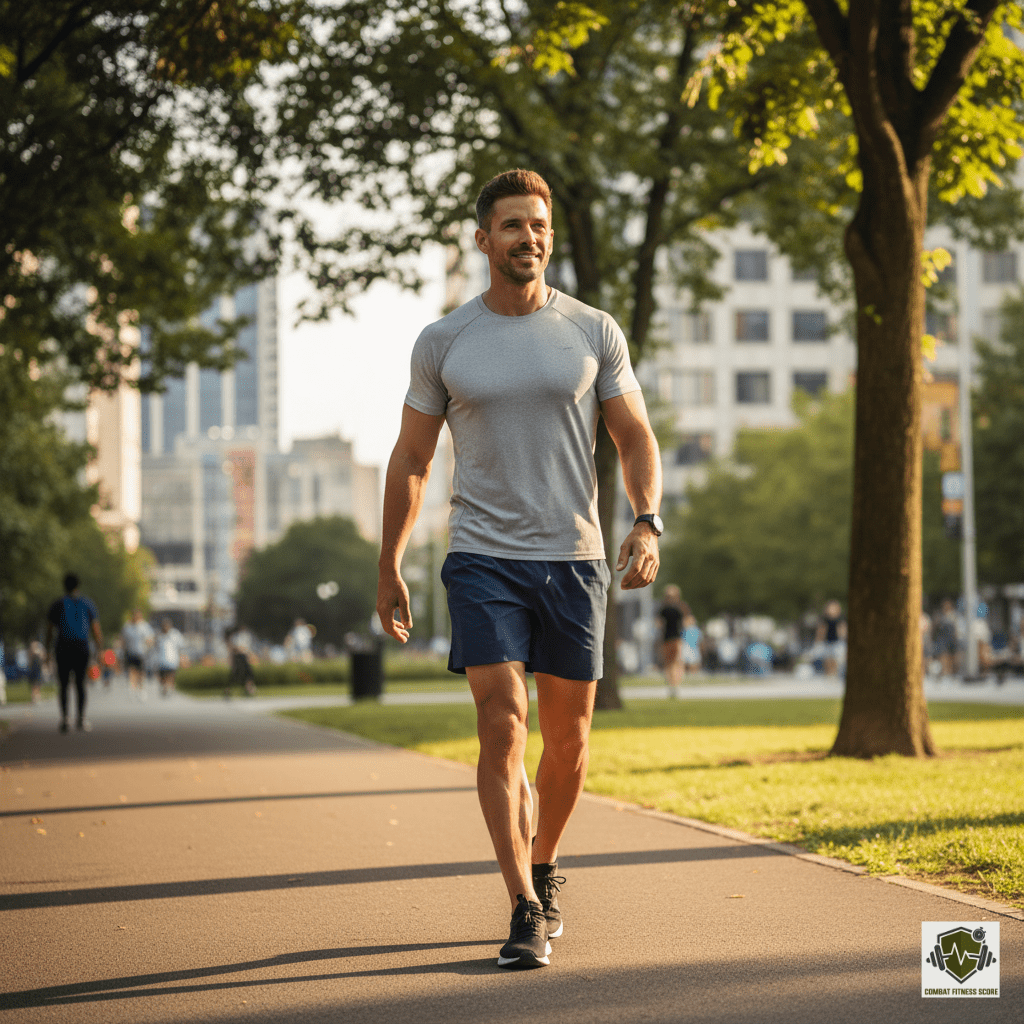 Active man with a lean and athletic physique at 15 body fat enjoying a sustainable fitness lifestyle outdoors