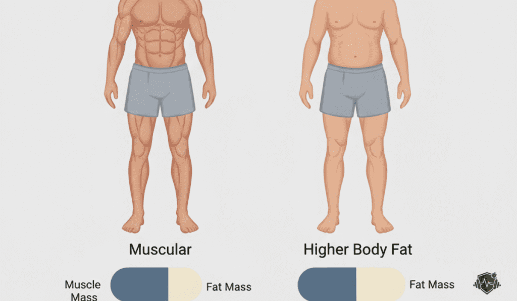 Side-by-side comparison of two body types with similar weight but different muscle-to-fat ratios, an educational visual for how to calculate body fat at home.