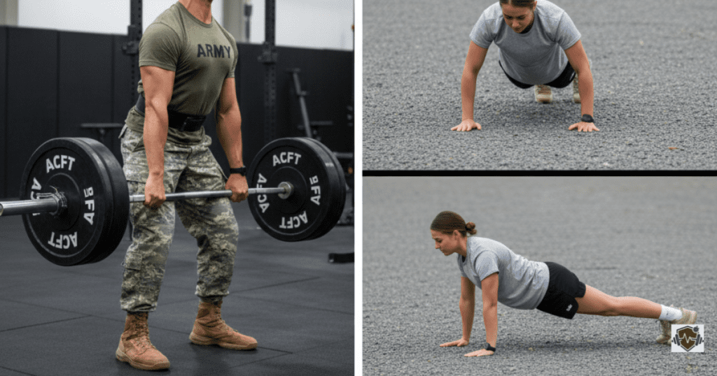 Side-by-side comparison of soldiers training for the ACFT with weights and the traditional Army Fitness Test with push-ups and planks.