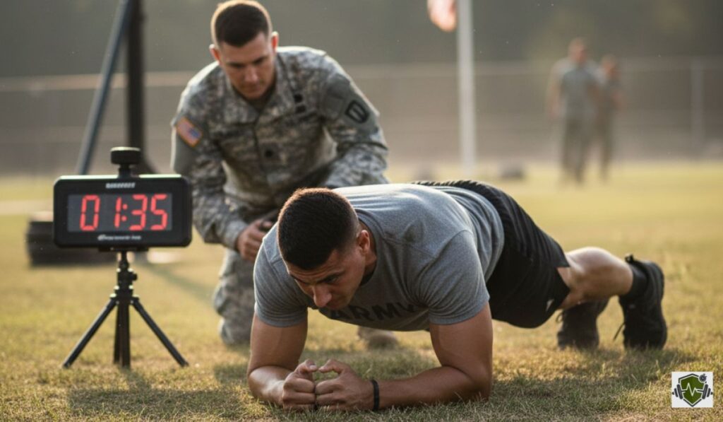 Close-up of a soldier maintaining a steady ACFT Plank during a timed military fitness evaluation on an outdoor field.