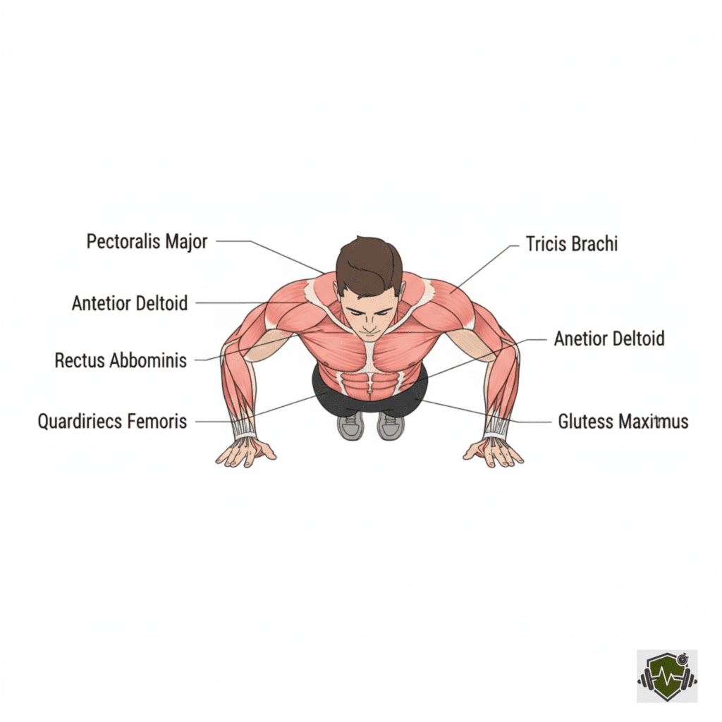 An anatomical illustration of a man in a push-up position, highlighting the benefits of push-ups for activating the chest, triceps, and shoulders.