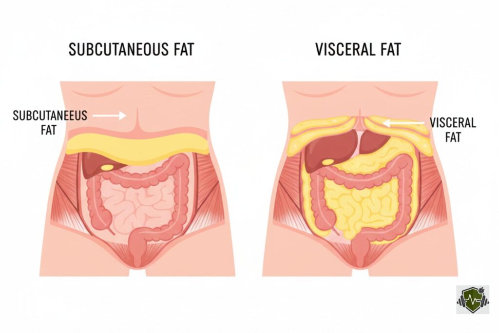 A side-by-side anatomical diagram showing the distribution of lower belly fat, comparing the pinchable subcutaneous fat to the hidden visceral fat in a clean,