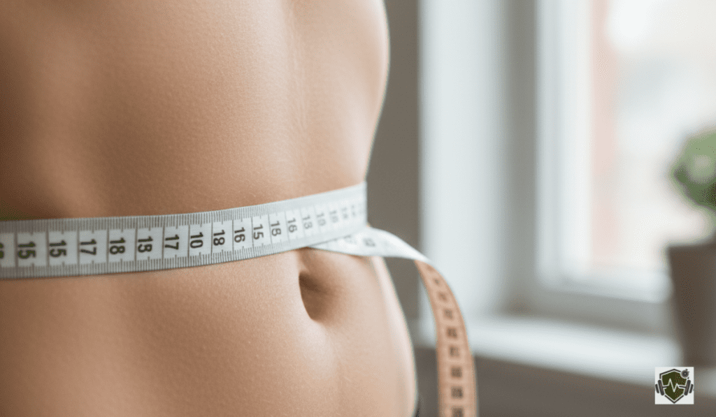 Close-up of a measuring tape wrapped around a person's waist with visible numbers, showing the precision needed when learning how to calculate body fat at home.