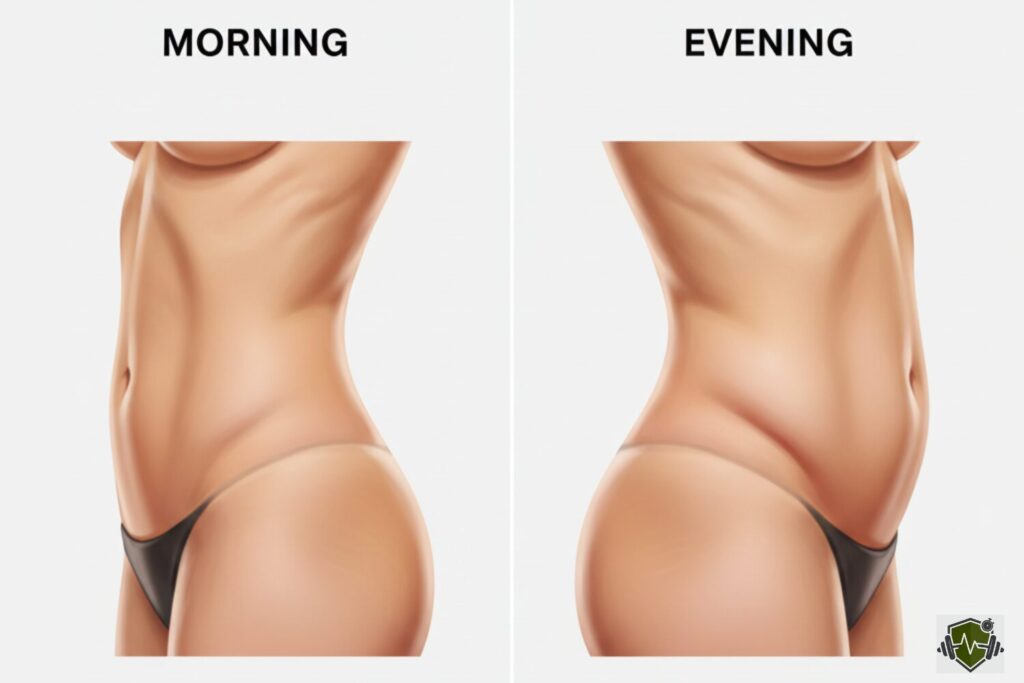 A split-screen health infographic illustrating the difference in lower belly fat and abdominal appearance between a flat stomach in the morning and a bloated lower belly in the evening.
