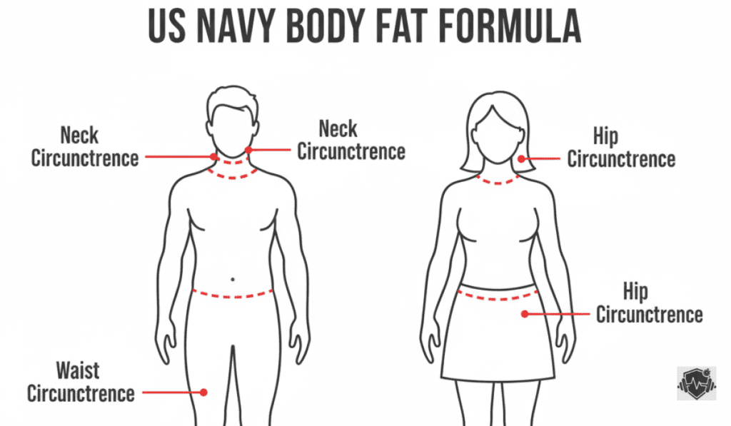 An infographic silhouette showing the specific measurement points on the neck, waist, and hips required for how to calculate body fat at home using the Navy method.