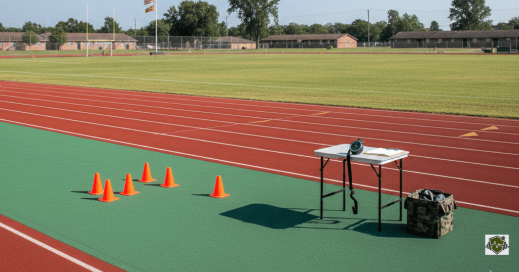 Outdoor Army Fitness Test setup featuring a running track, cones, a clipboard, and a stopwatch in a military environment