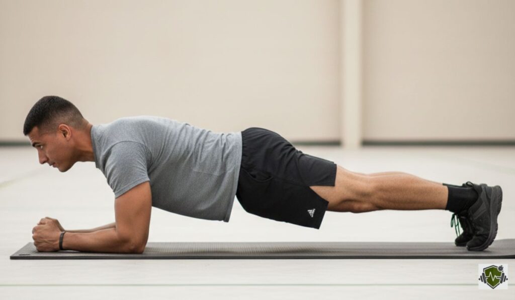Side view of a soldier showing proper spinal alignment and form during an ACFT Plank training session.