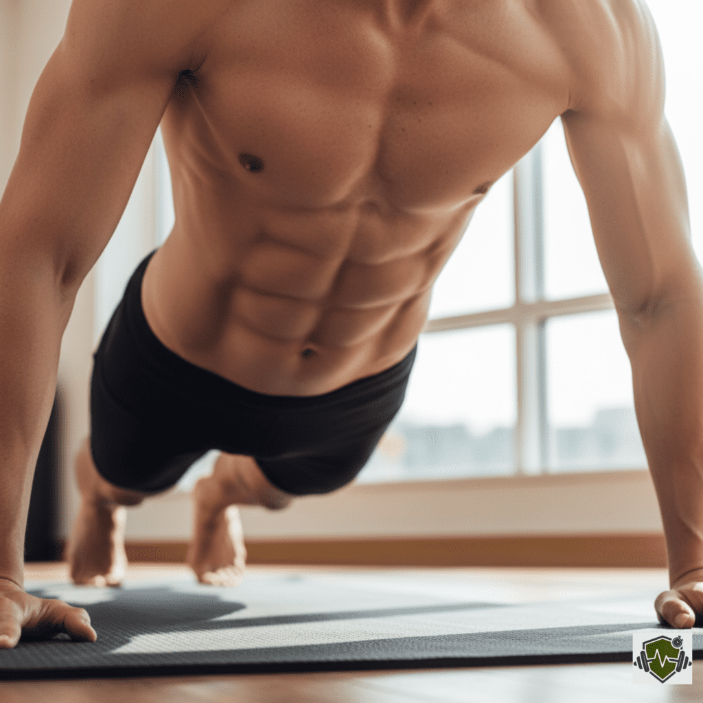 Close-up of tight abdominal muscles during a plank push-up, emphasizing the benefits of push-ups for core engagement and spinal stability.