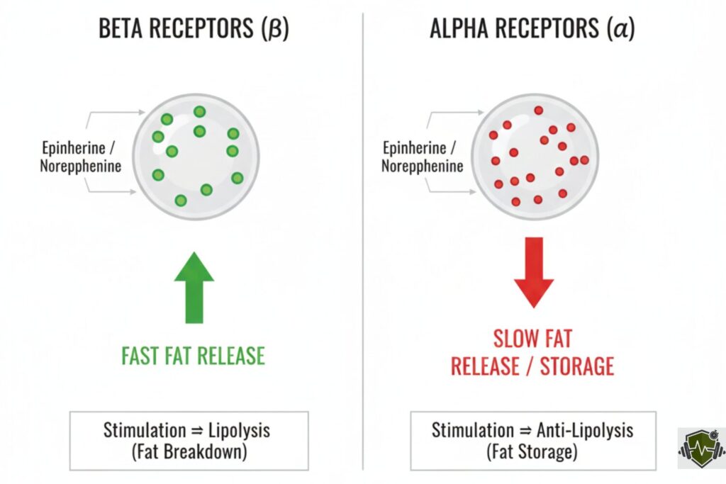 A scientific medical diagram explaining the biological receptors in lower belly fat, showing alpha and beta receptors