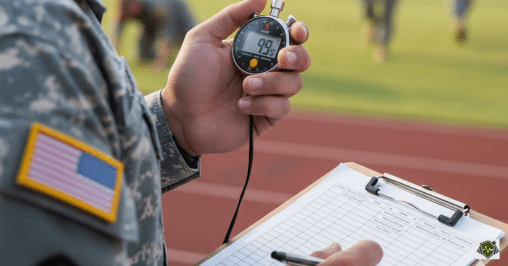 Close-up of a military instructor holding a stopwatch to track performance time during an official Army Fitness Test.