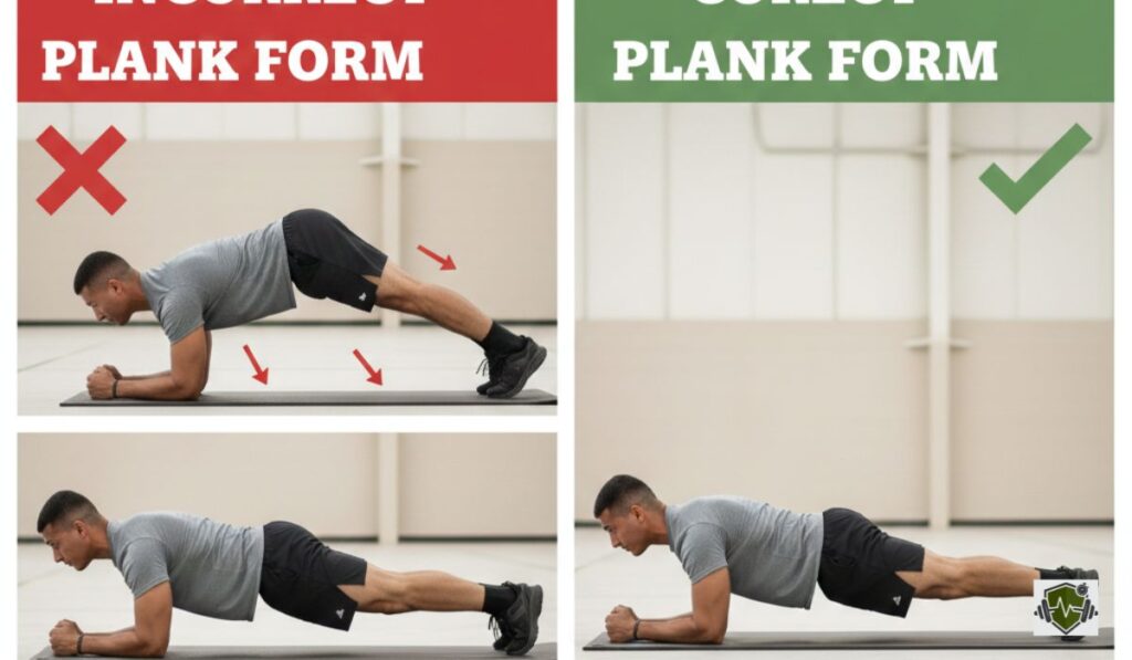 Instructional comparison showing a soldier performing a correct ACFT Plank versus common mistakes like sagging hips.