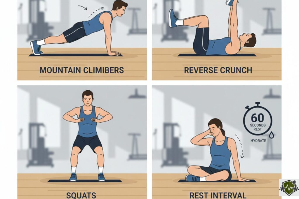 A four-panel fitness illustration demonstrating effective bodyweight exercises to target the core and manage lower belly fat, featuring mountain climbers, reverse crunches, squats, and a rest interval