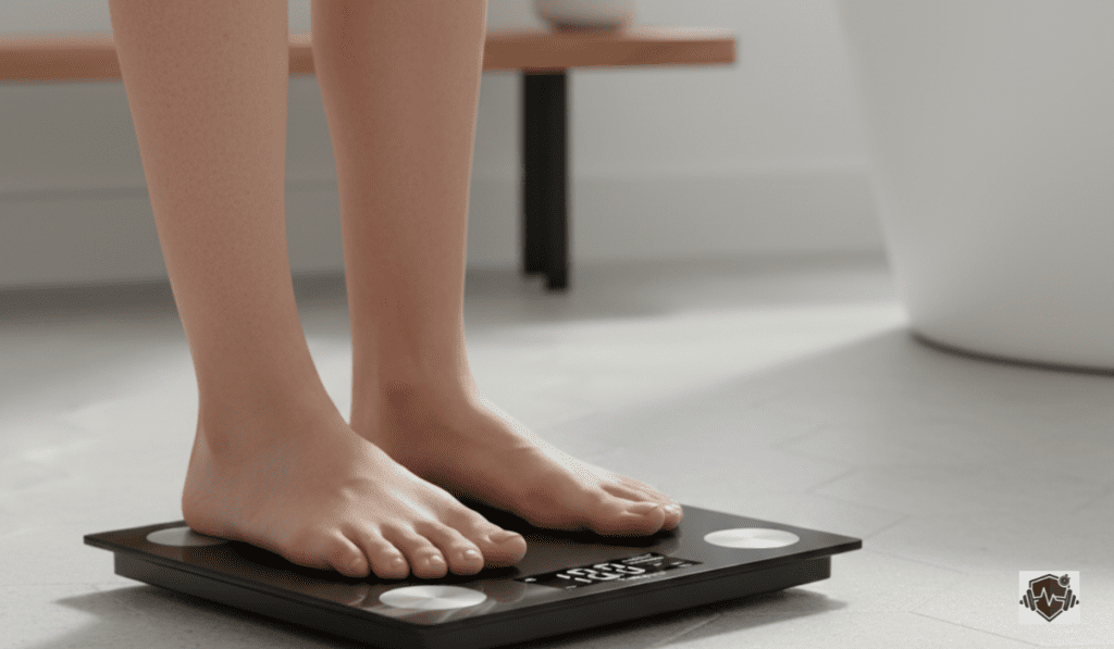 A woman standing in a bright room measuring her waist and neck, a key step in the process of how to calculate body fat at home.