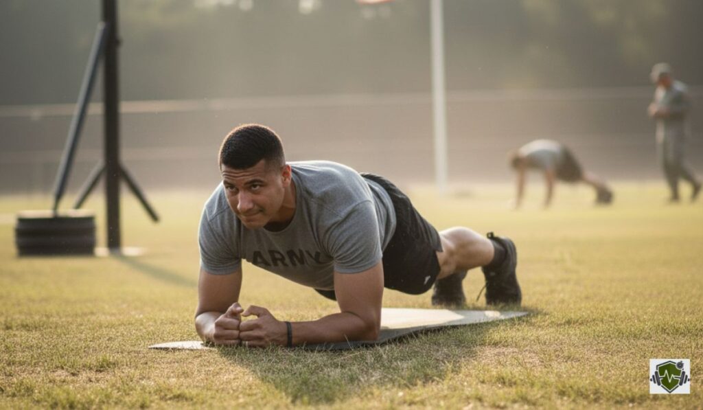 A military instructor with a clipboard monitors a soldier’s form during an official ACFT Plank fitness test.