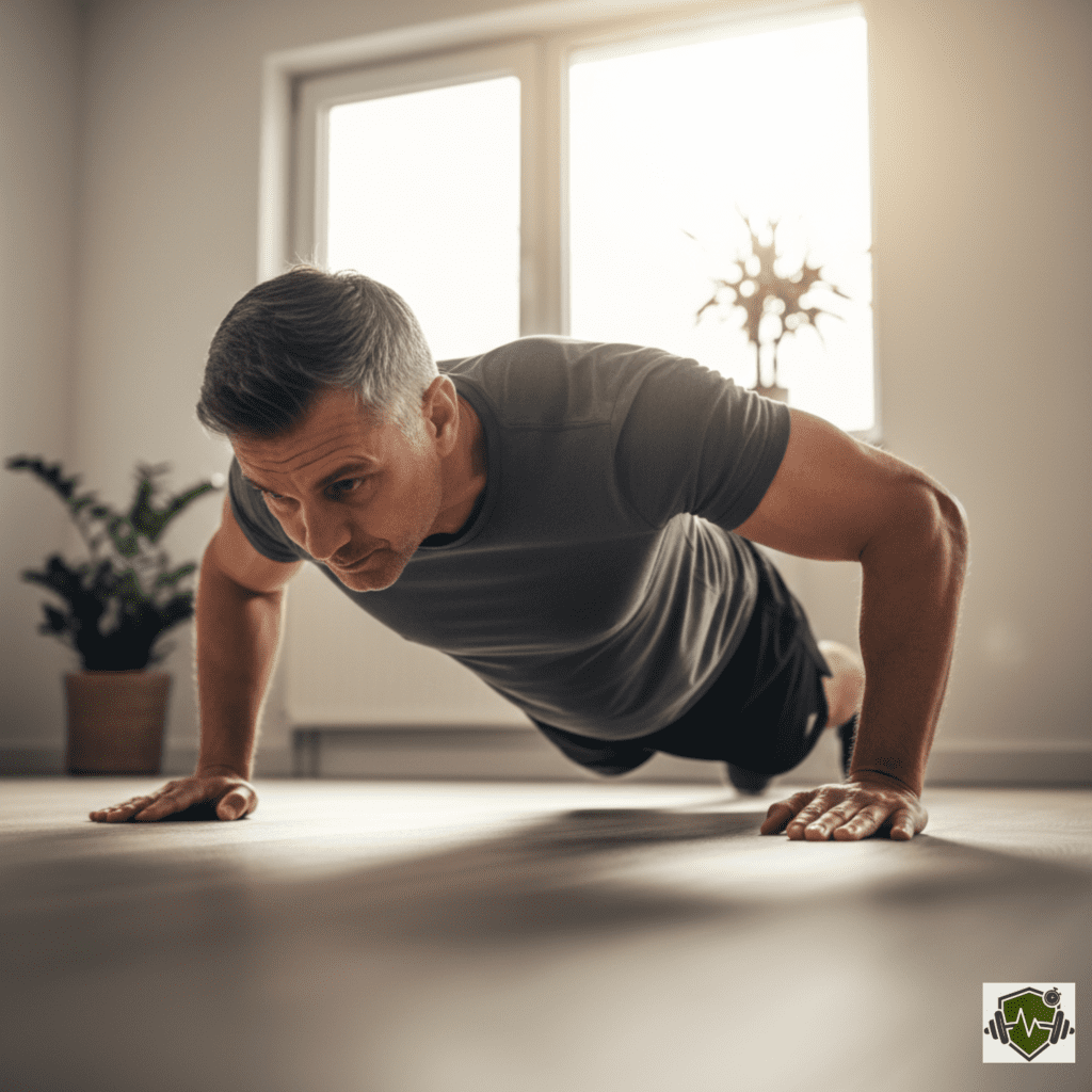 A middle-aged person doing push-ups in a home setting, showing the benefits of push-ups as an effective weight-bearing exercise for bone health.