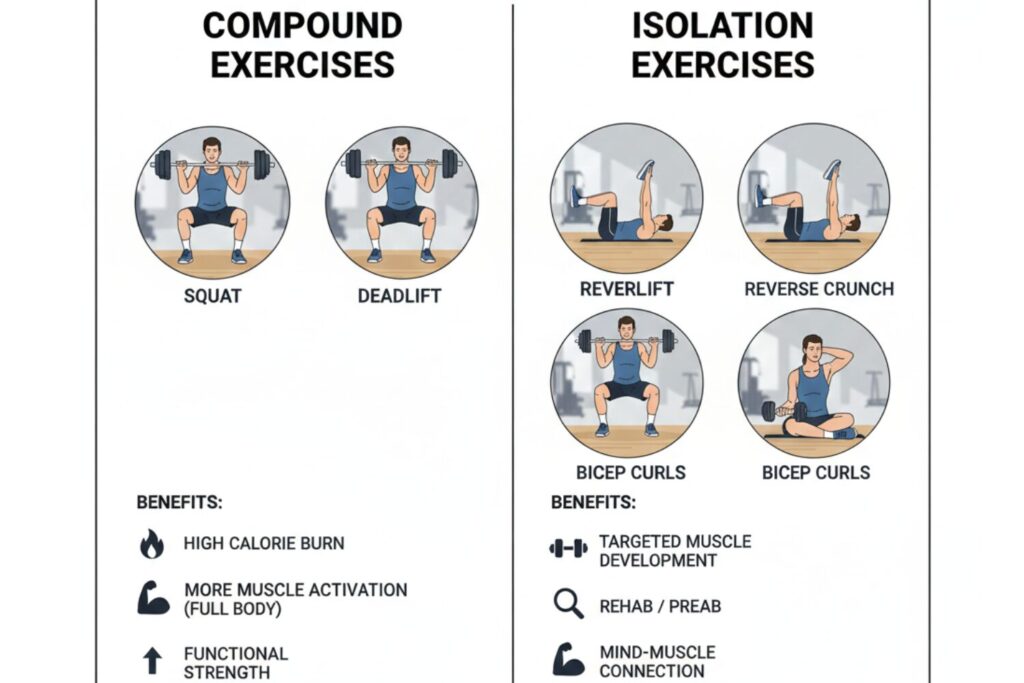 A comparative fitness infographic showing compound movements versus isolation exercises for reducing lower belly fat, labeling the benefits of muscle activation and calorie burn.