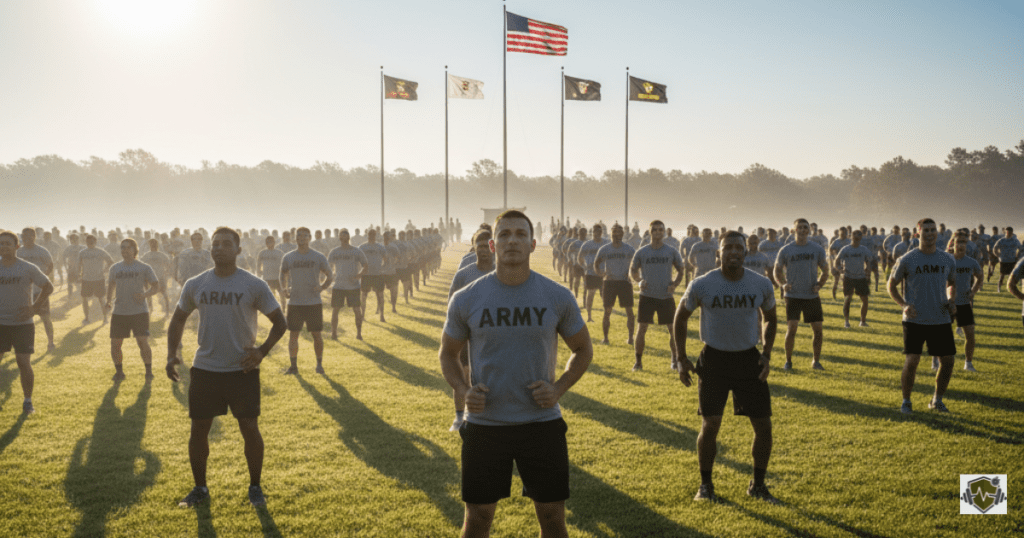 Wide-angle shot of a military unit conducting morning physical training and the Army Fitness Test on a large open field.