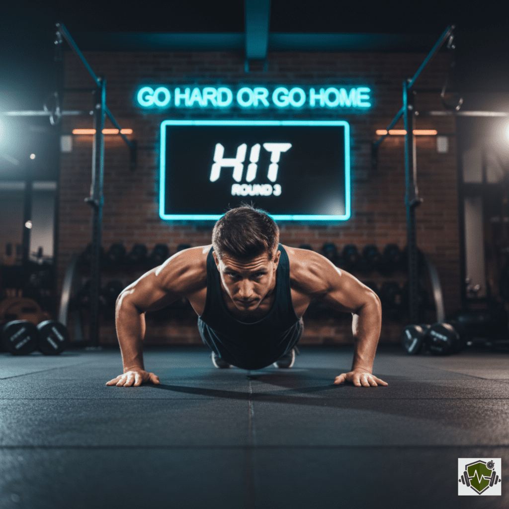 Dynamic shot of a person doing high-intensity push-ups, highlighting the cardiovascular benefits of push-ups in a HIIT workout.