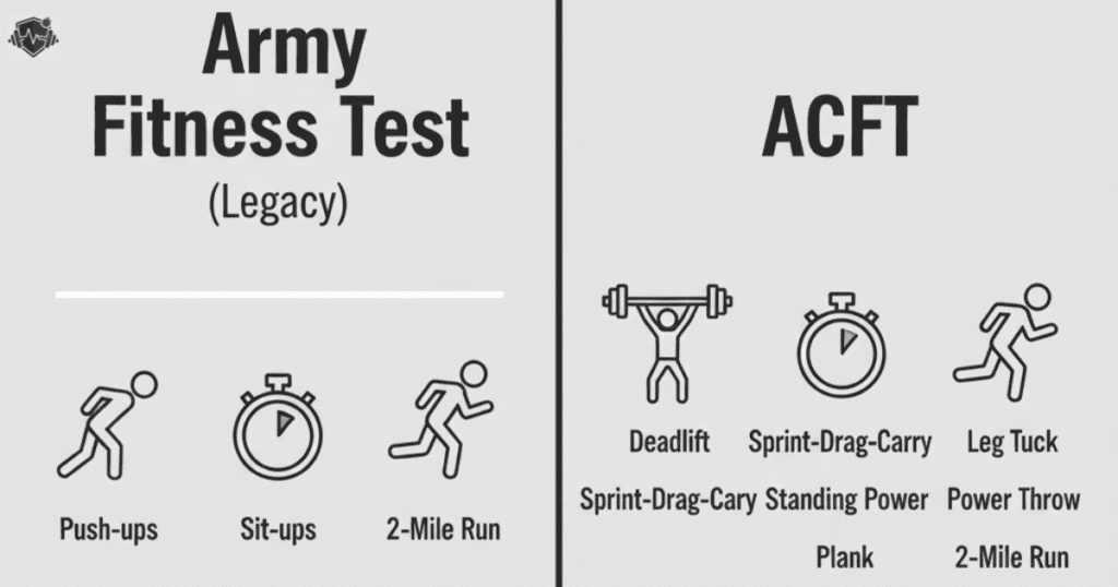 Minimalist infographic comparing the Army Fitness Test vs ACFT with clean icons for push-ups, planks, and running.