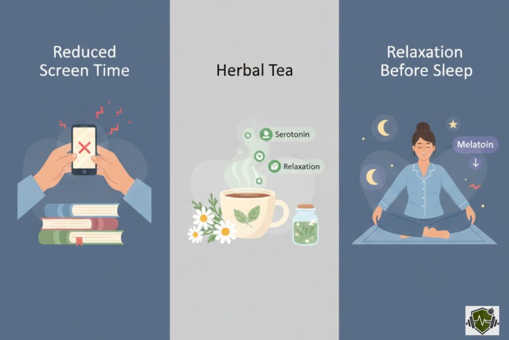 A wellness illustration of a nighttime routine designed to lower cortisol and manage lower belly fat, showing a person relaxing with herbal tea and reduced screen time.