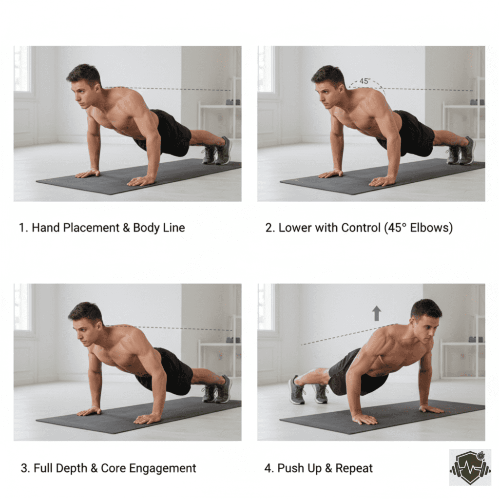 Detailed view of proper push-up form in a gym environment, focusing on the benefits of push-ups for chest and arm development.