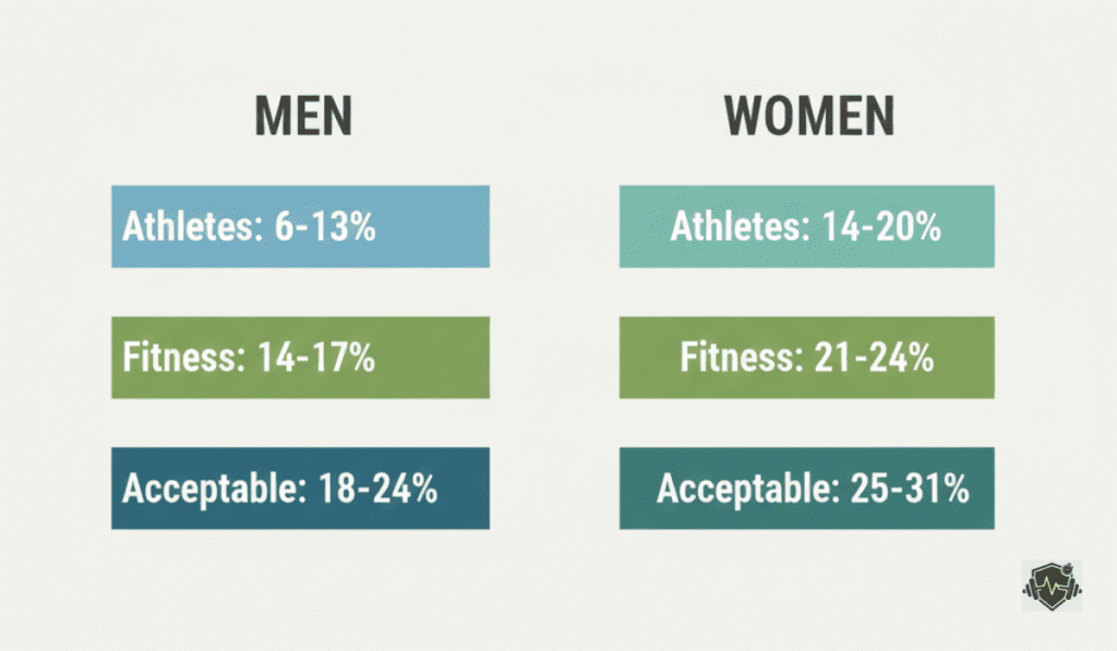 A clear medical-style chart displaying healthy body fat percentage ranges for men and women, providing context for how to calculate body fat at home.
