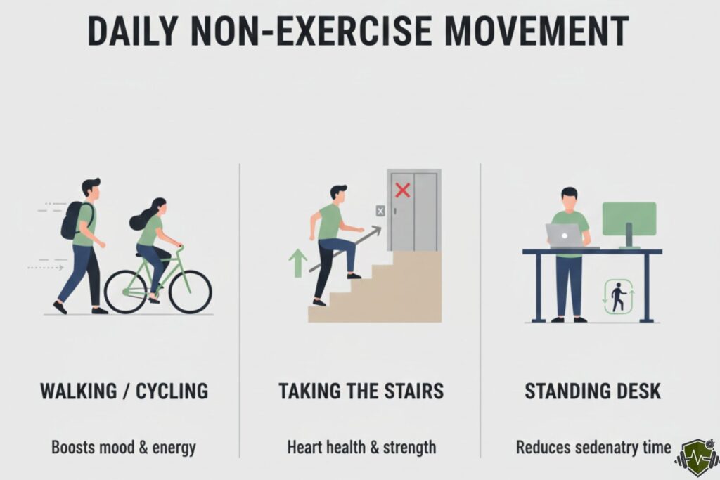 A lifestyle infographic emphasizing non-exercise activity (NEAT) to burn lower belly fat, depicting daily movements like walking, taking the stairs, and using a standing desk.
