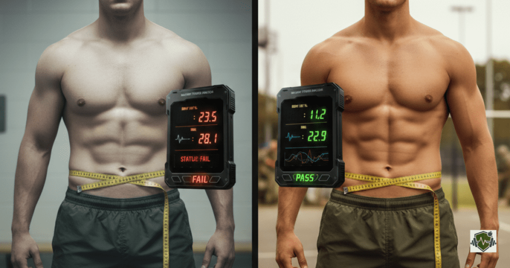 Before and after comparison showing recruit meeting Army body fat standards after 12-week training.
