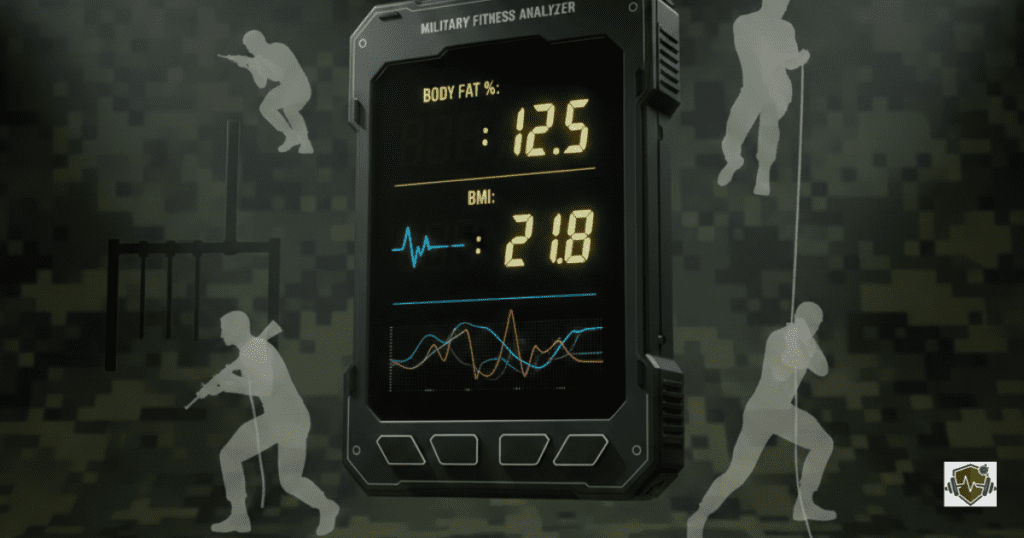 Army Body Fat Calculator interface showing body fat percentage and BMI results over a camouflage background with data visualizations.