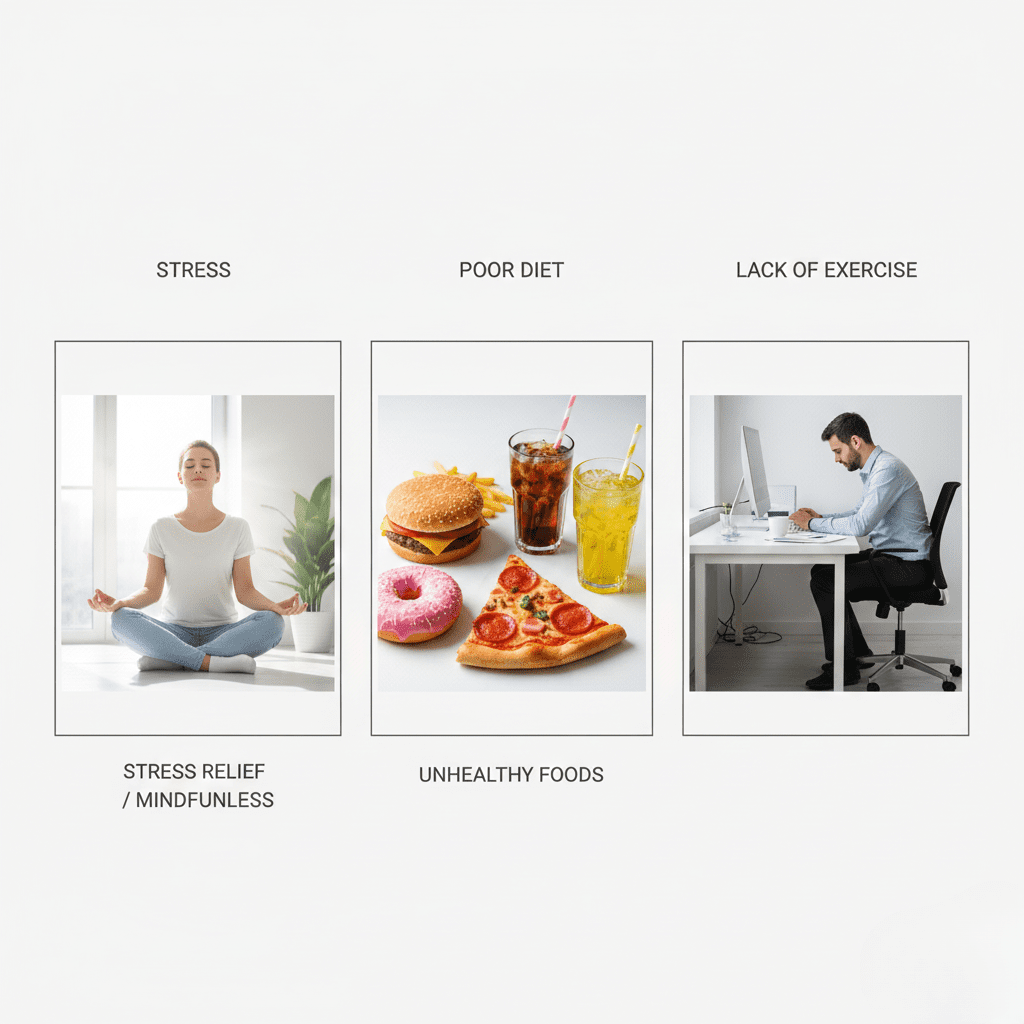 A collage highlighting habits that impact belly fat and overall health, including a person meditating for stress management, a variety of unhealthy fast foods and sugary drinks, and a sedentary person working at a desk.