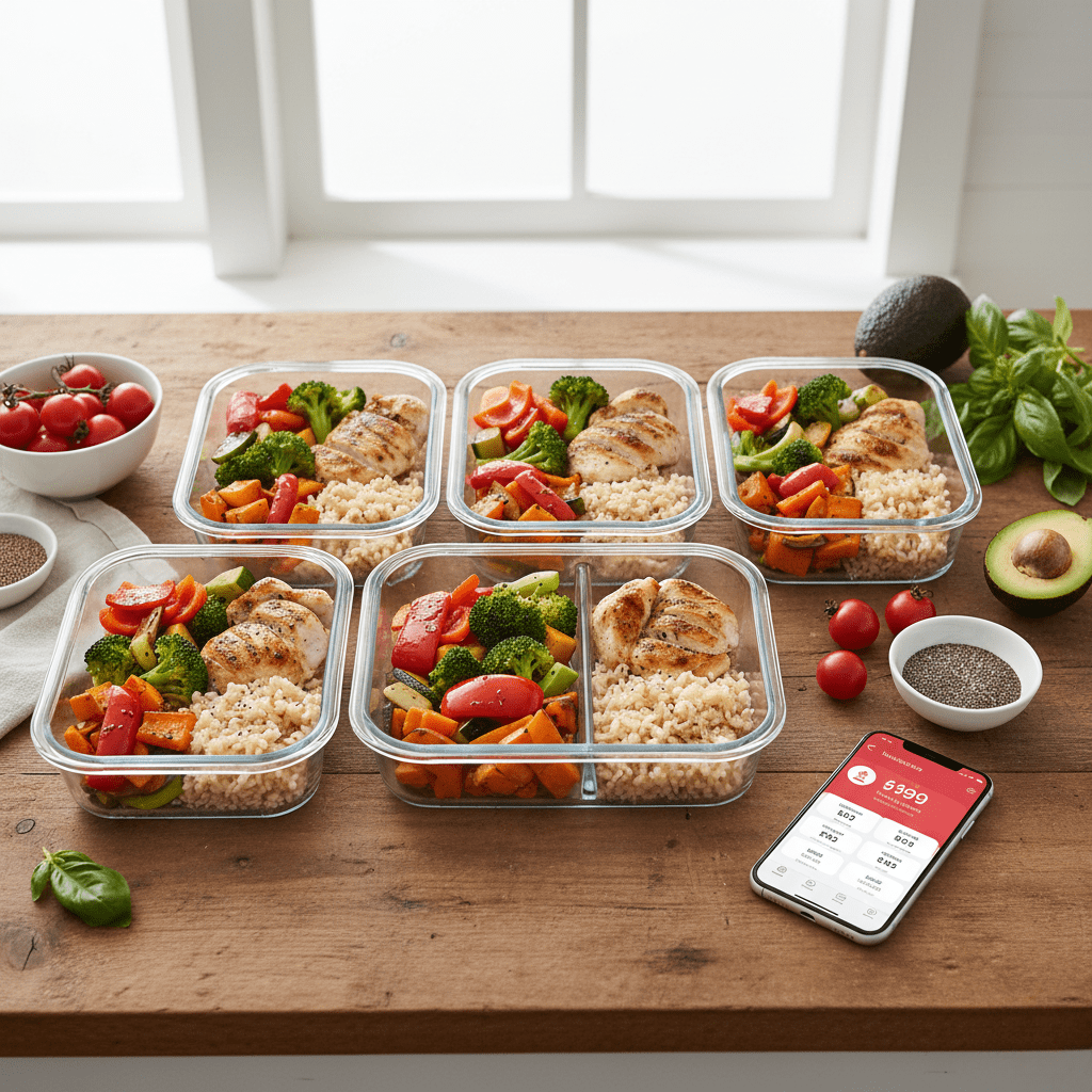 A healthy meal prep scene featuring a balanced plate of lean protein and vegetables. A smartphone with a calorie-tracking app is visible nearby, showing the nutritional focus required to manage belly fat