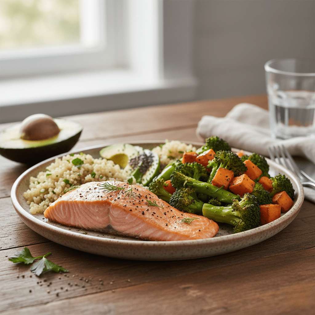 A close-up of a balanced meal designed for weight management, showing high-fiber vegetables, healthy fats (like avocado), and lean protein, which are essential for reducing belly fat
